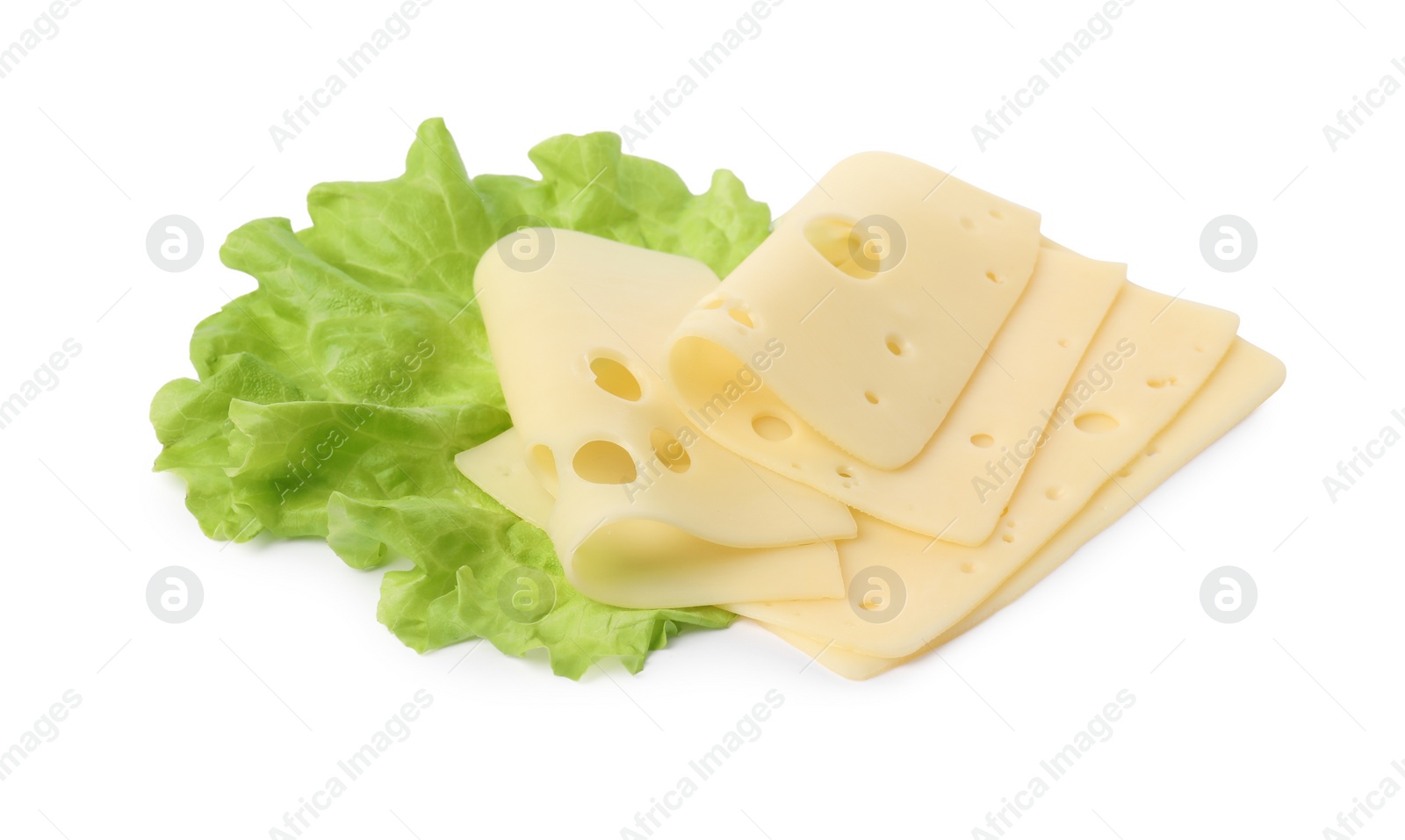 Photo of Slices of tasty fresh cheese and lettuce isolated on white