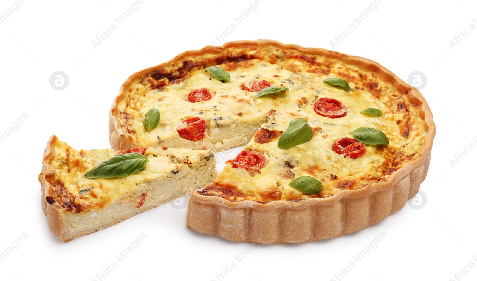 Photo of Delicious homemade cheese quiche isolated on white