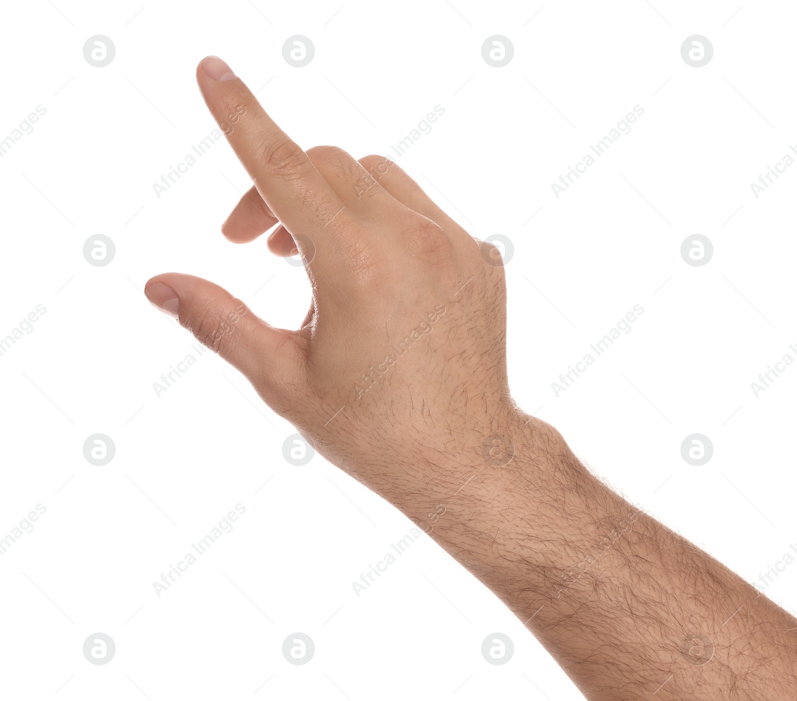 Photo of Man pointing at something against white background, closeup on hand