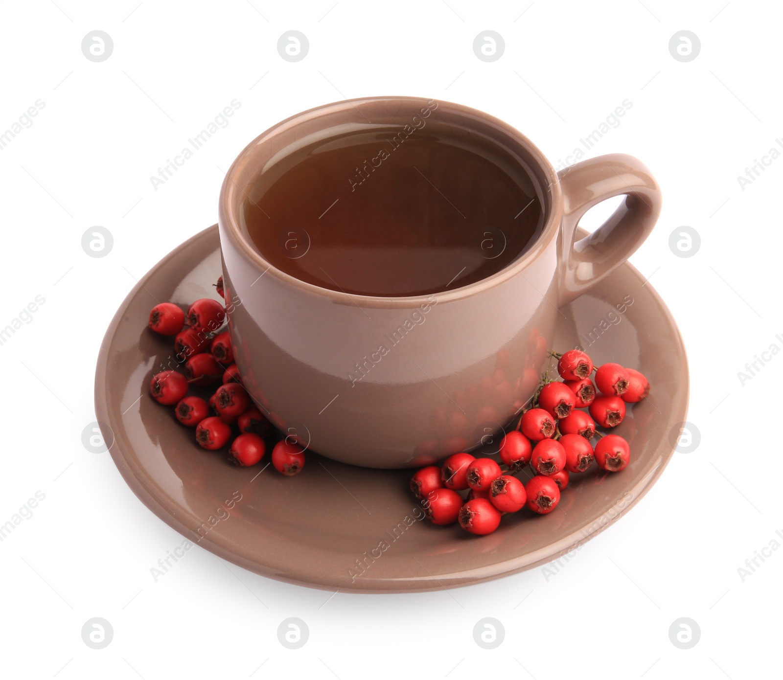 Photo of Aromatic hawthorn tea in cup and berries isolated on white