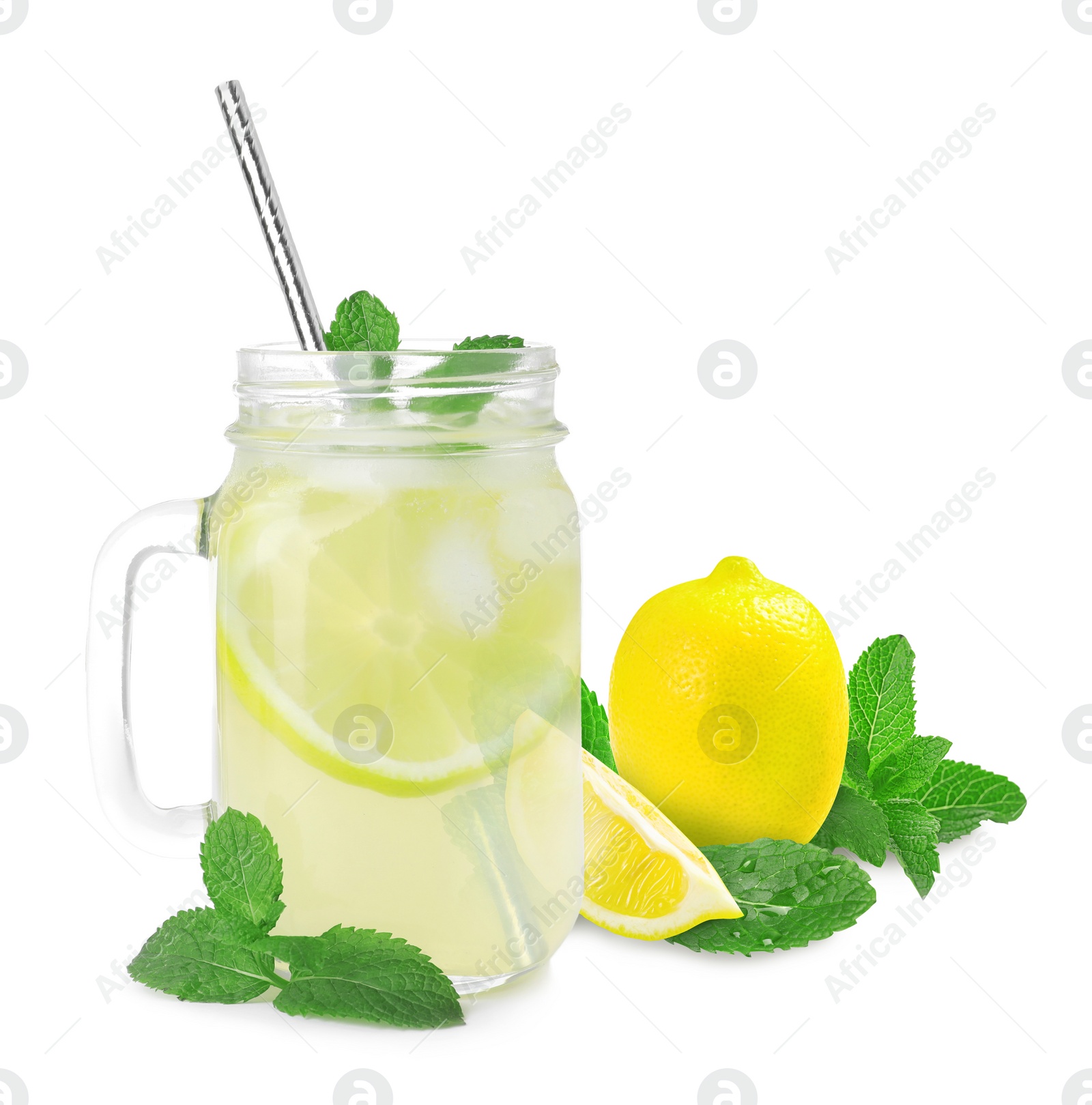 Image of Mason jar with tasty lemonade, fresh ripe fruits and mint on white background