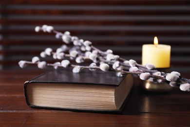 Photo of Bible, burning candle and willow branches on wooden table, closeup