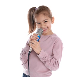 Cute funny girl with microphone on white background