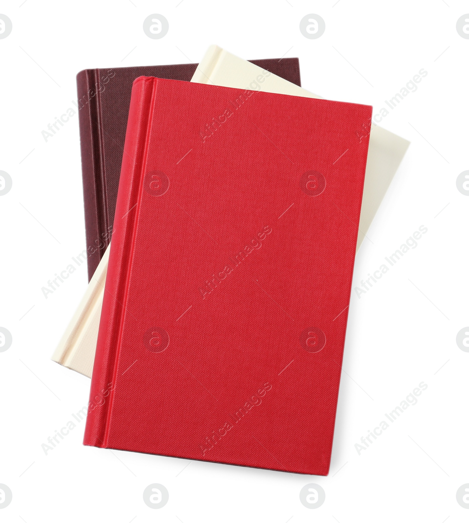 Photo of Stack of hardcover books isolated on white, top view