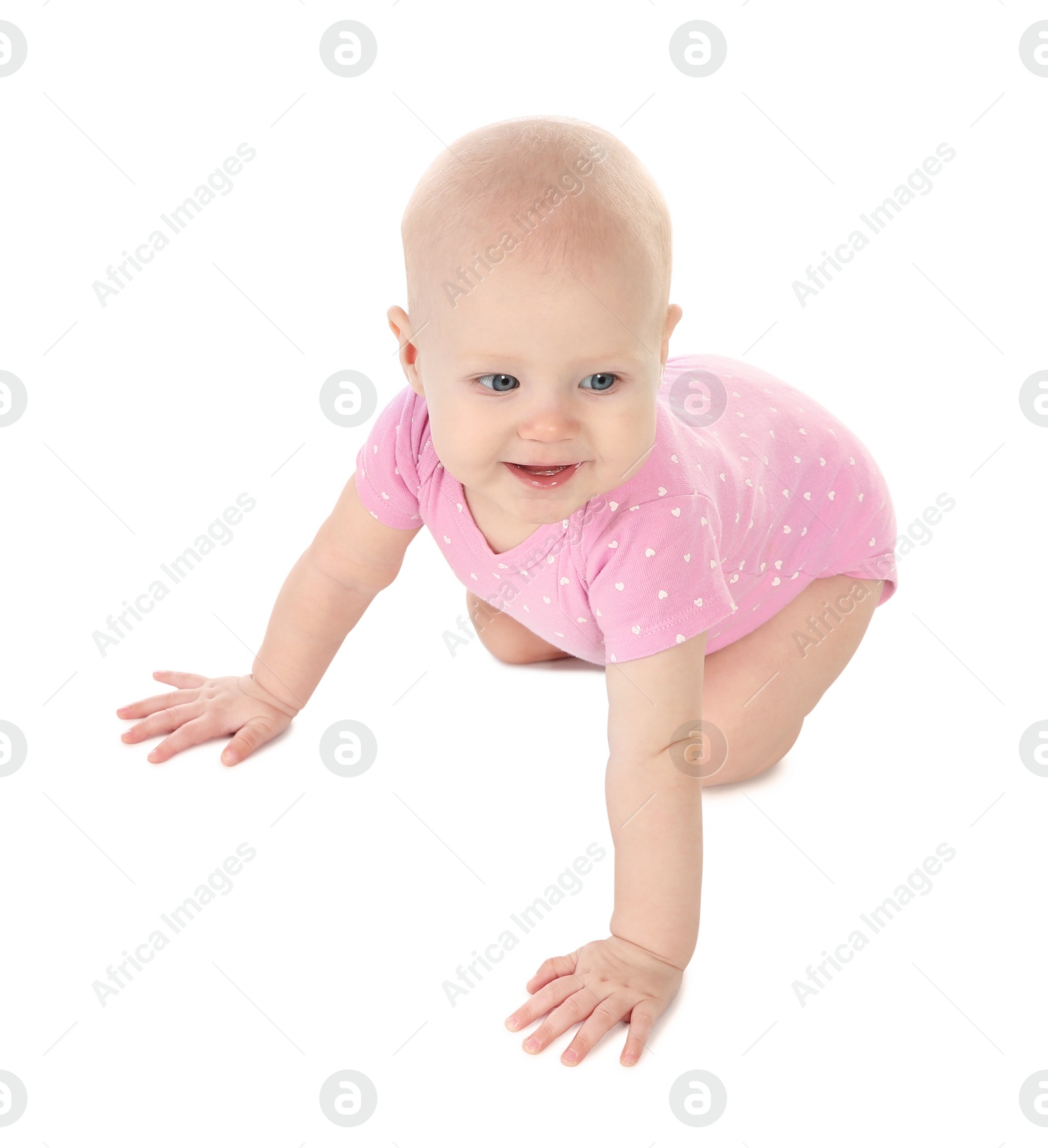 Photo of Cute little baby crawling on white background