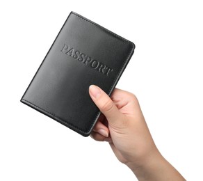 Photo of Woman holding passport in black leather case on white background, closeup