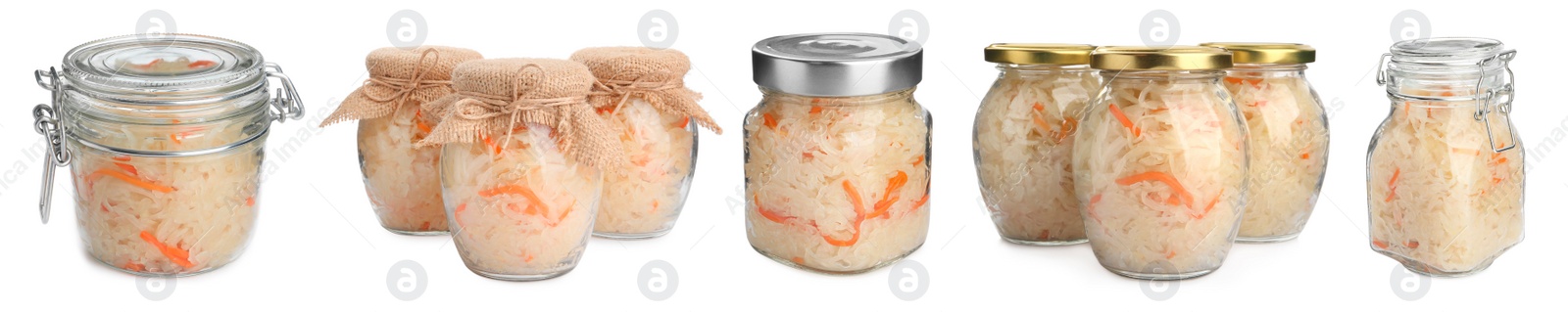 Image of Set with tasty fermented cabbage with carrot on white background. Banner design