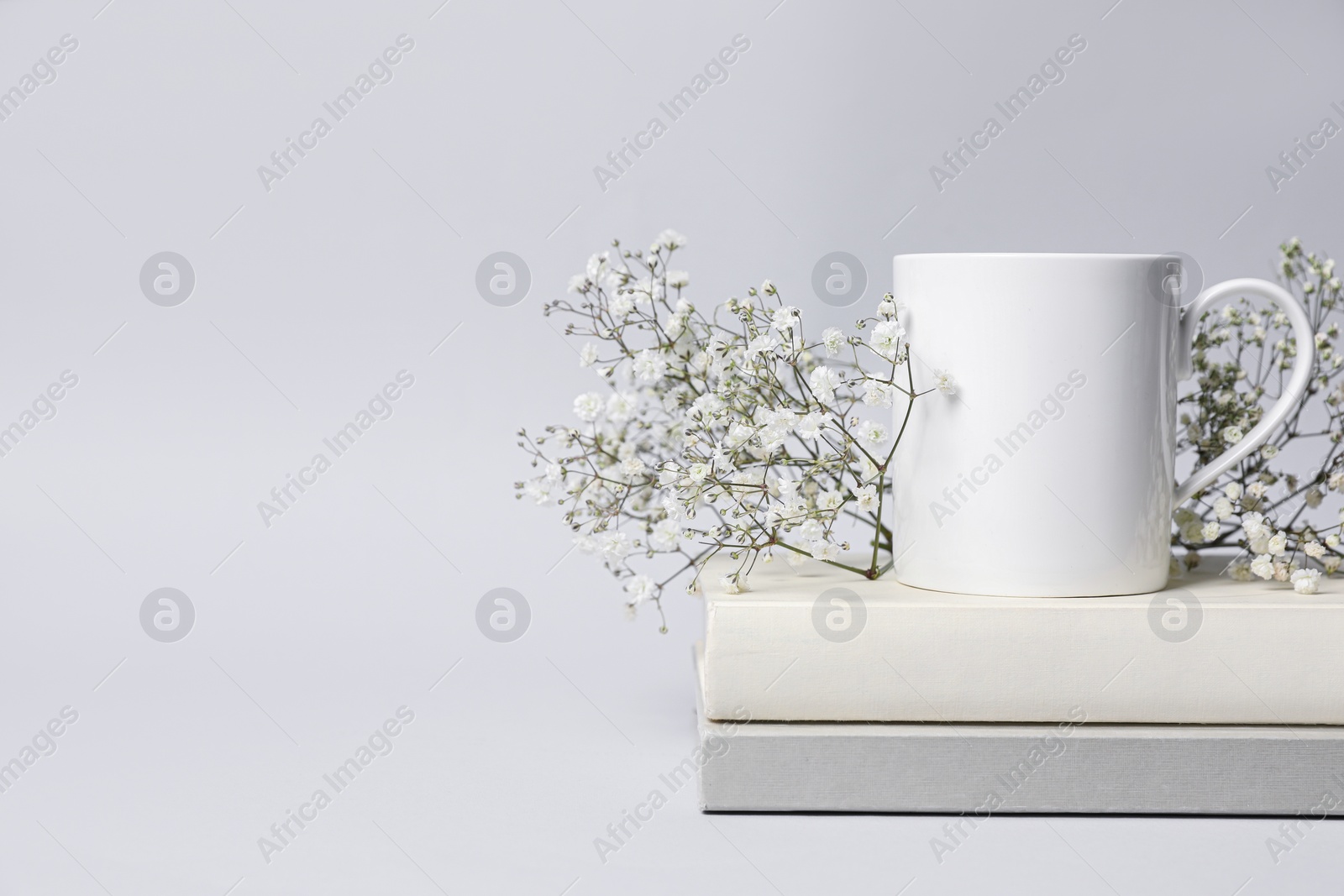 White ceramic mug, dry flowers and stack of books on light background, space for text Photo of White ceramic mug, dry flowers and stack of books on light background, space for text