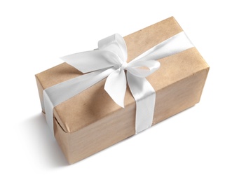 Photo of Beautifully wrapped gift box on white background