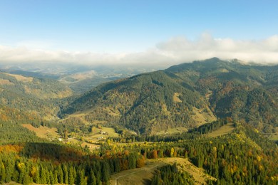 Aerial view of beautiful mountain forest and village on autumn day