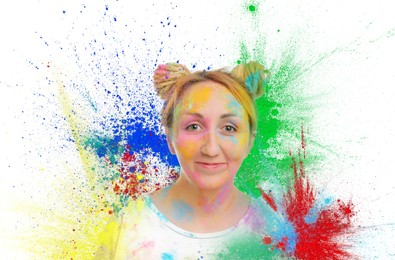 Image of Holi festival celebration. Woman covered with colorful powder dyes on white background