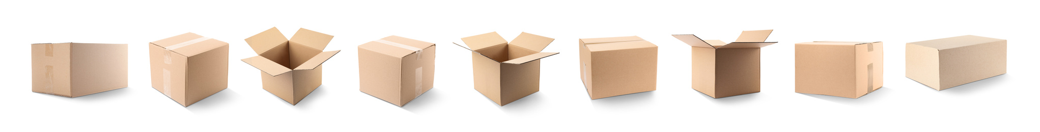 Image of Set of different cardboard boxes on white background. Banner design