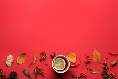 Photo of Flat lay composition with cup of hot drink on red background, space for text. Cozy autumn atmosphere