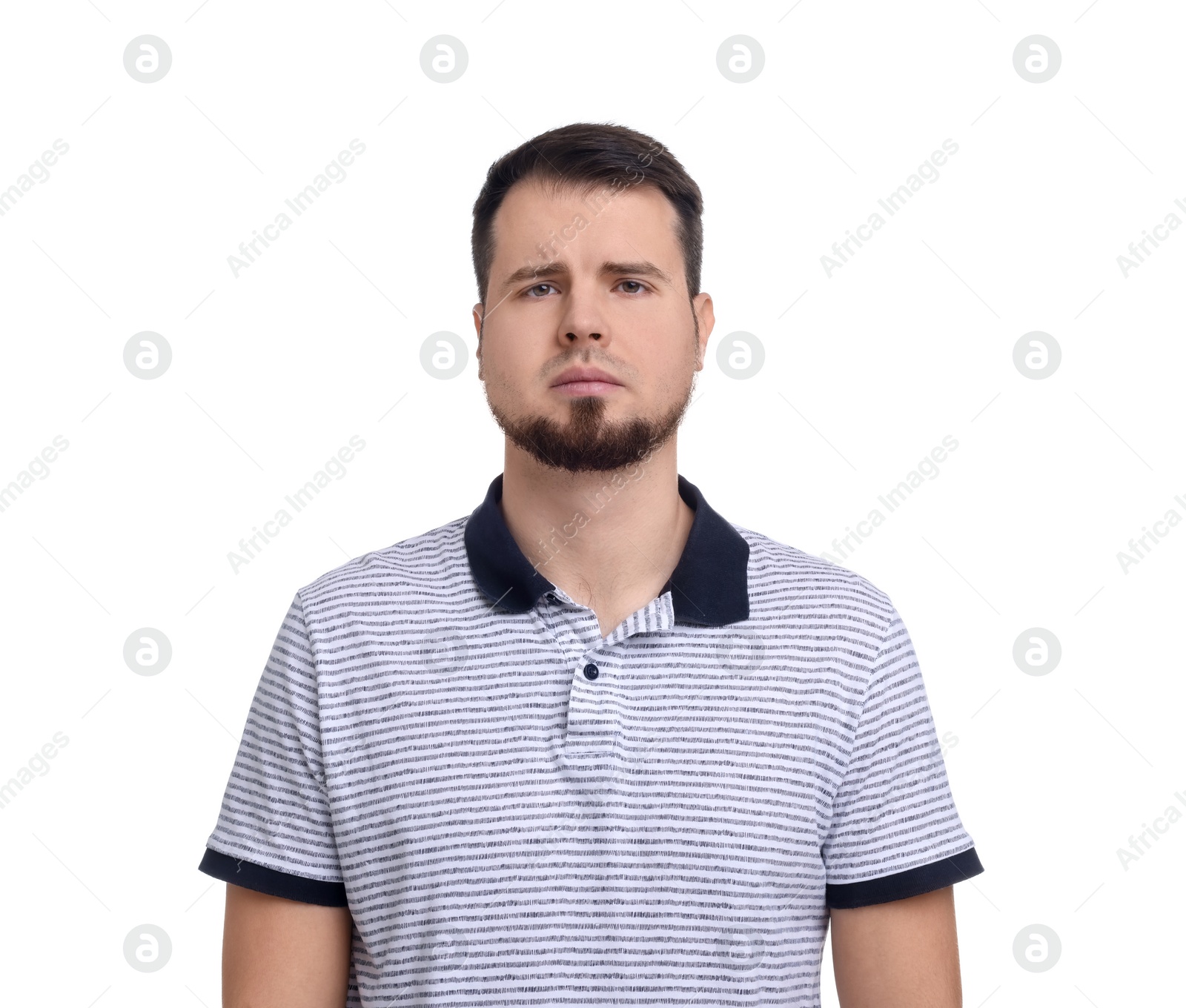 Photo of Portrait of sad man on white background