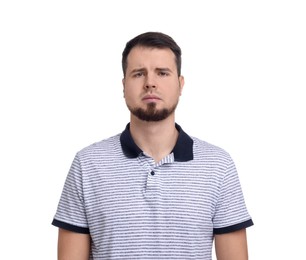 Portrait of sad man on white background