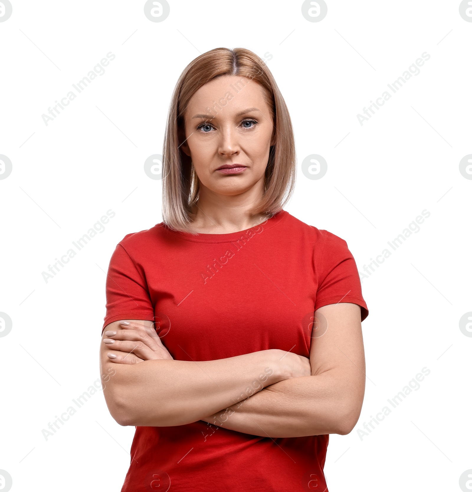 Photo of Sad woman with crossed arms on white background