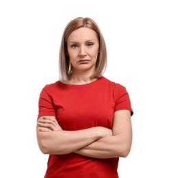 Photo of Sad woman with crossed arms on white background