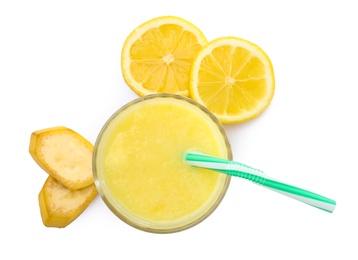 Photo of Glass with delicious detox smoothie on white background, top view