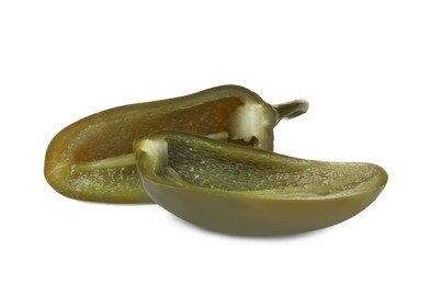 Photo of Halves of pickled green jalapeno on white background