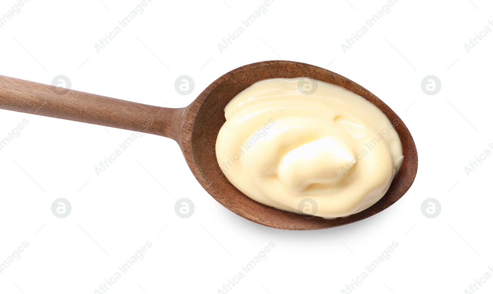Photo of Wooden spoon with tasty mayonnaise isolated on white, top view