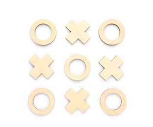 Photo of Wooden tic-tac-toe set on white background, top view