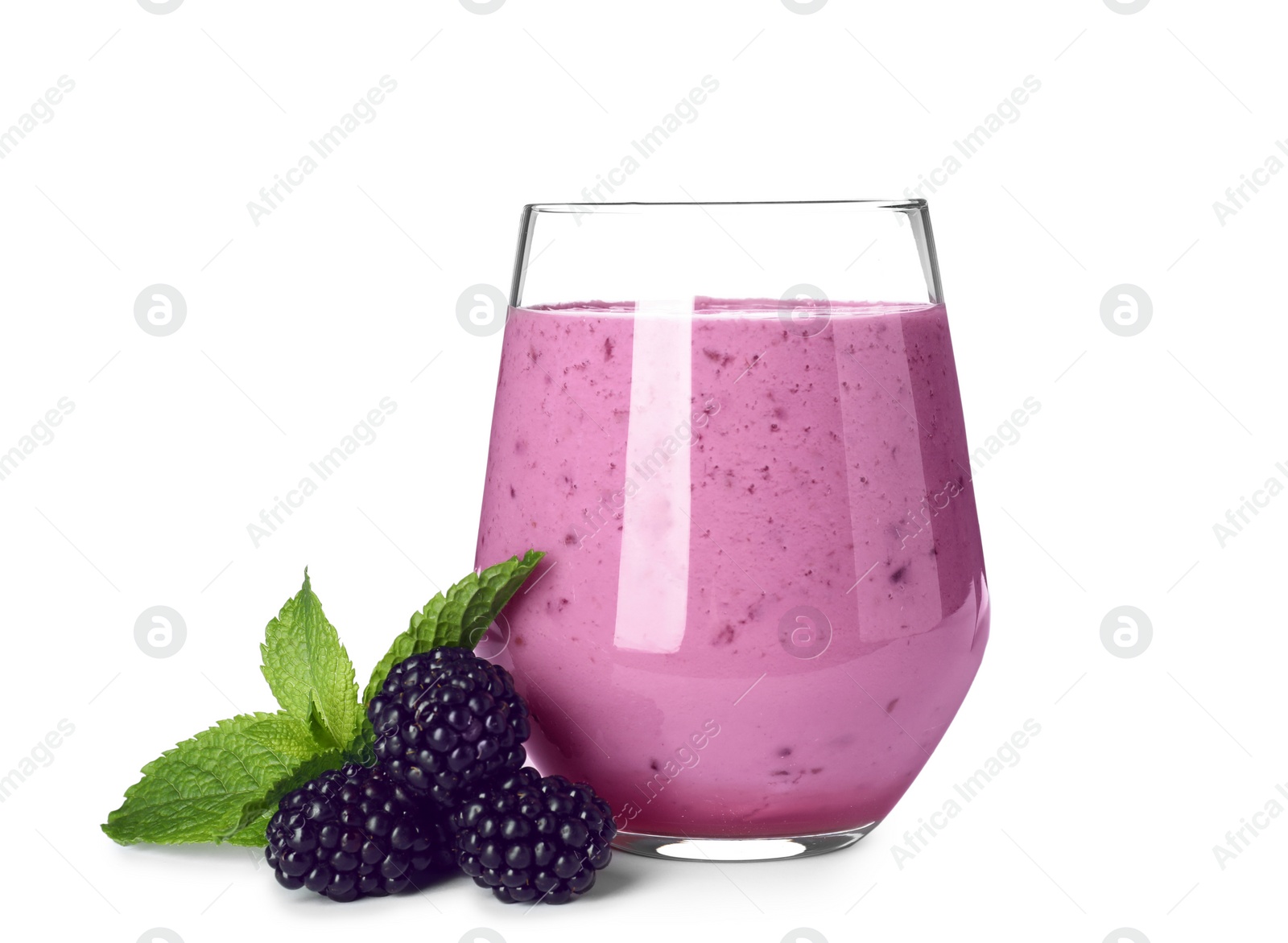 Photo of Glass with blackberry yogurt smoothie on white background