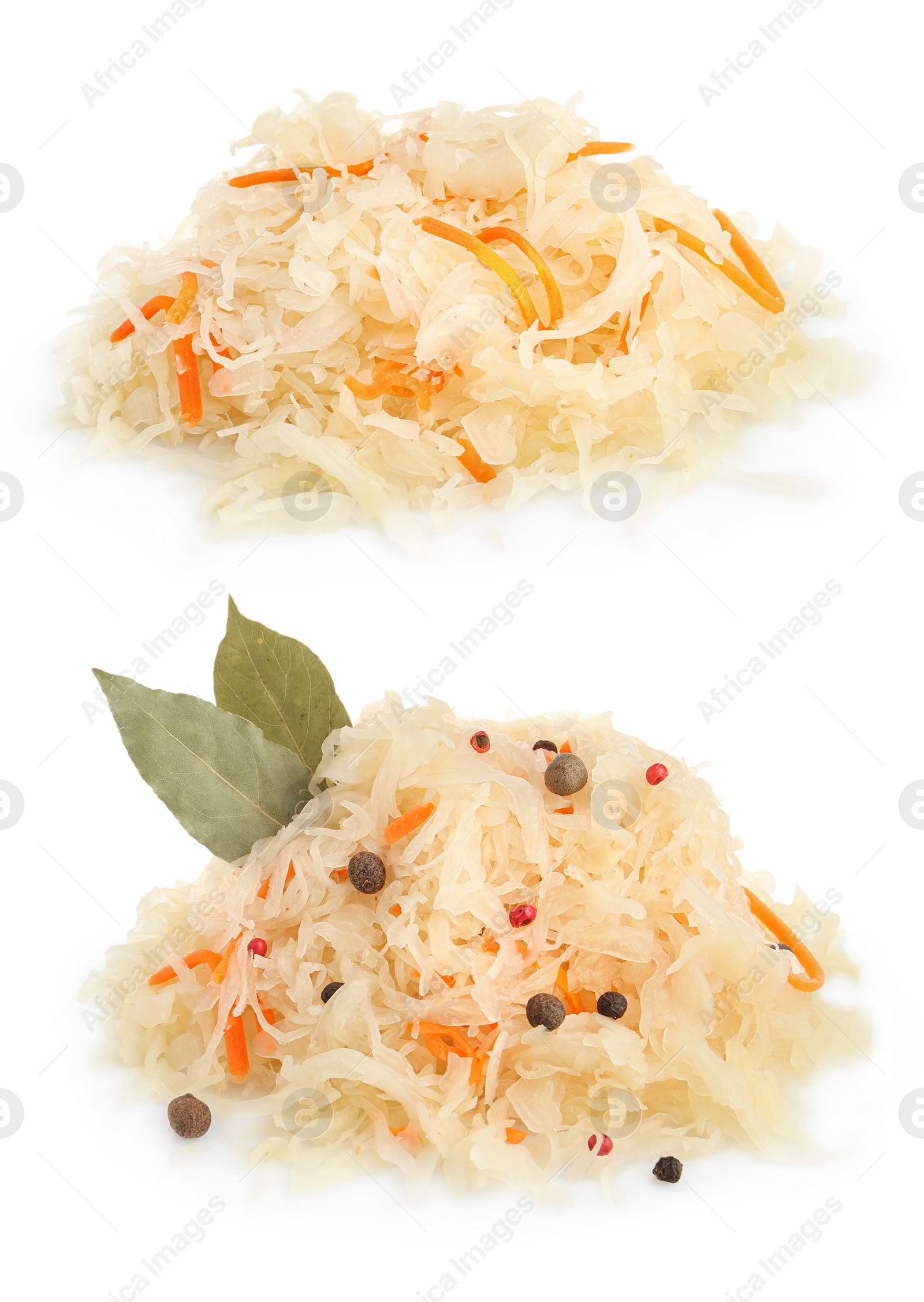 Image of Tasty fermented cabbage with carrot on white background, collage