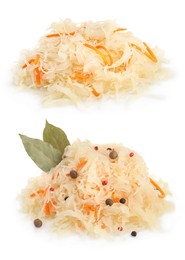 Image of Tasty fermented cabbage with carrot on white background, collage