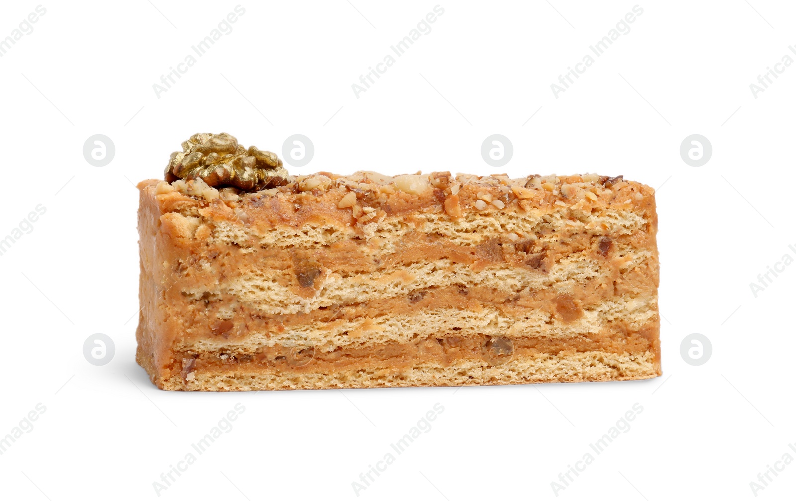 Photo of Piece of delicious layered honey cake isolated on white