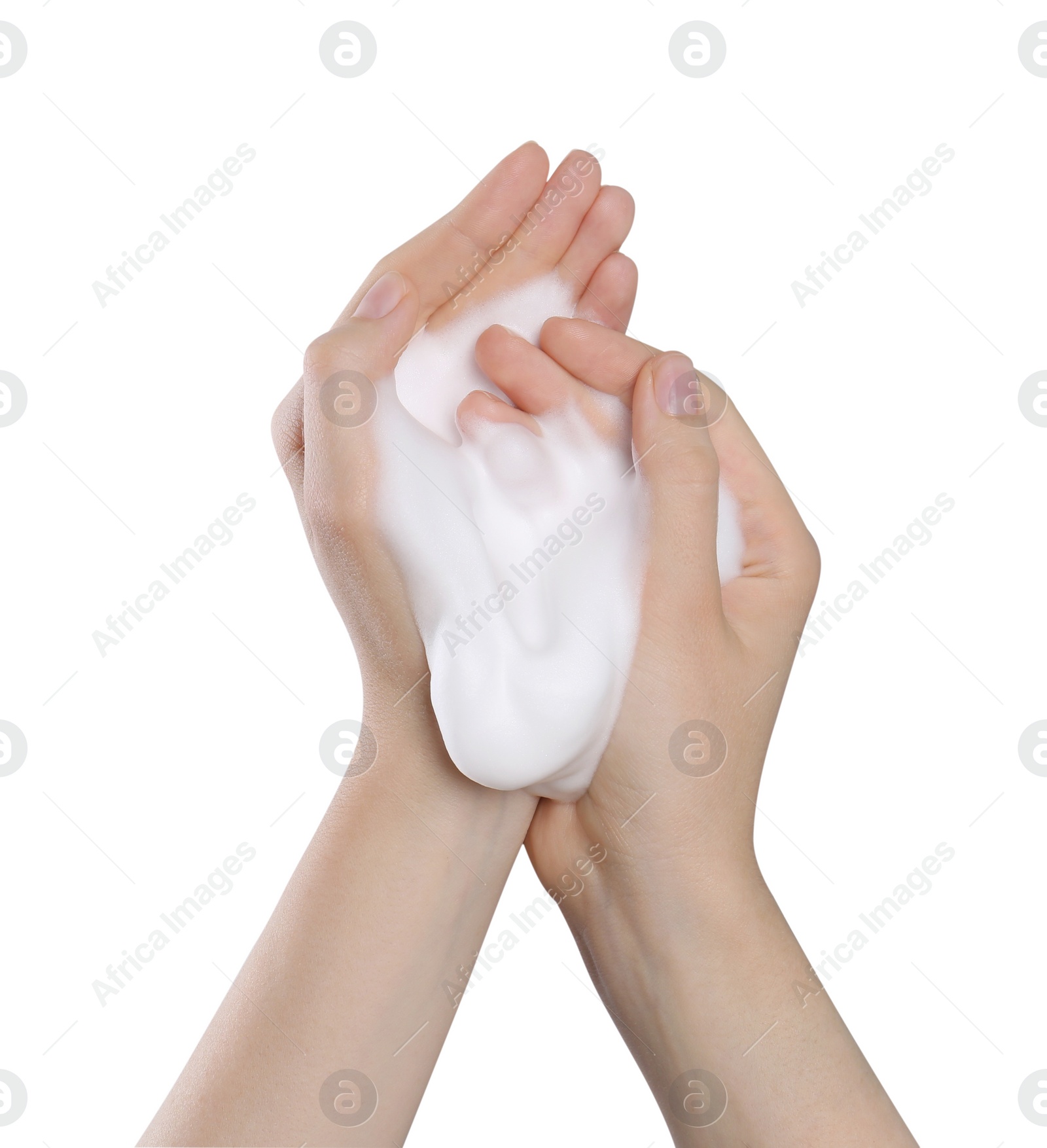 Photo of Woman with cleansing foam on white background, closeup