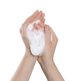 Woman with cleansing foam on white background, closeup