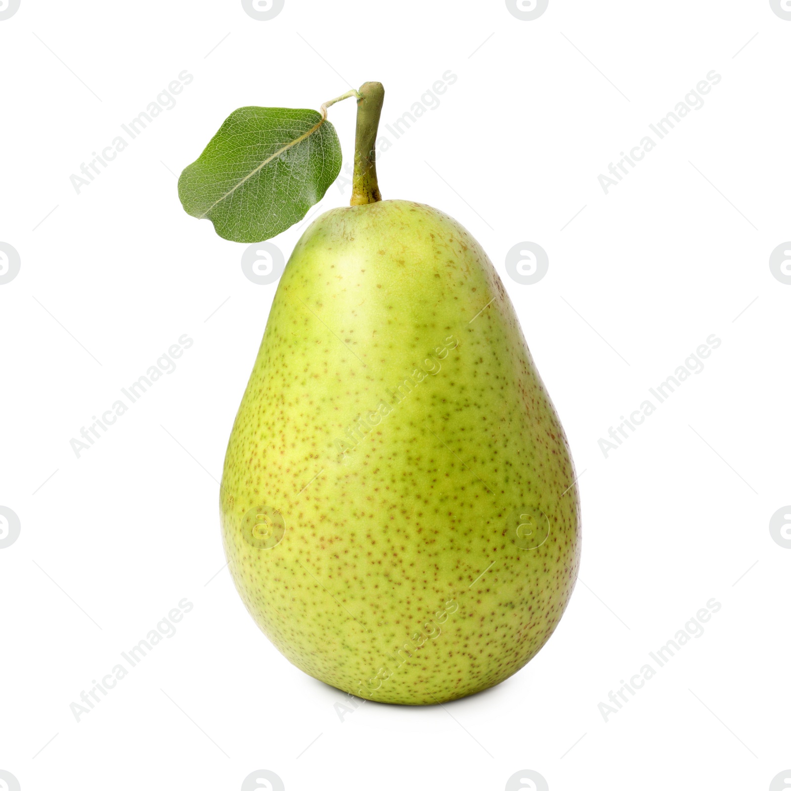 Photo of Tasty ripe pear with leaf on white background