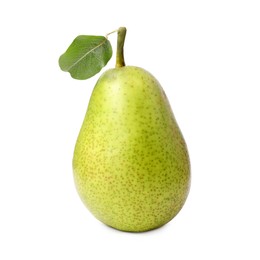 Photo of Tasty ripe pear with leaf on white background