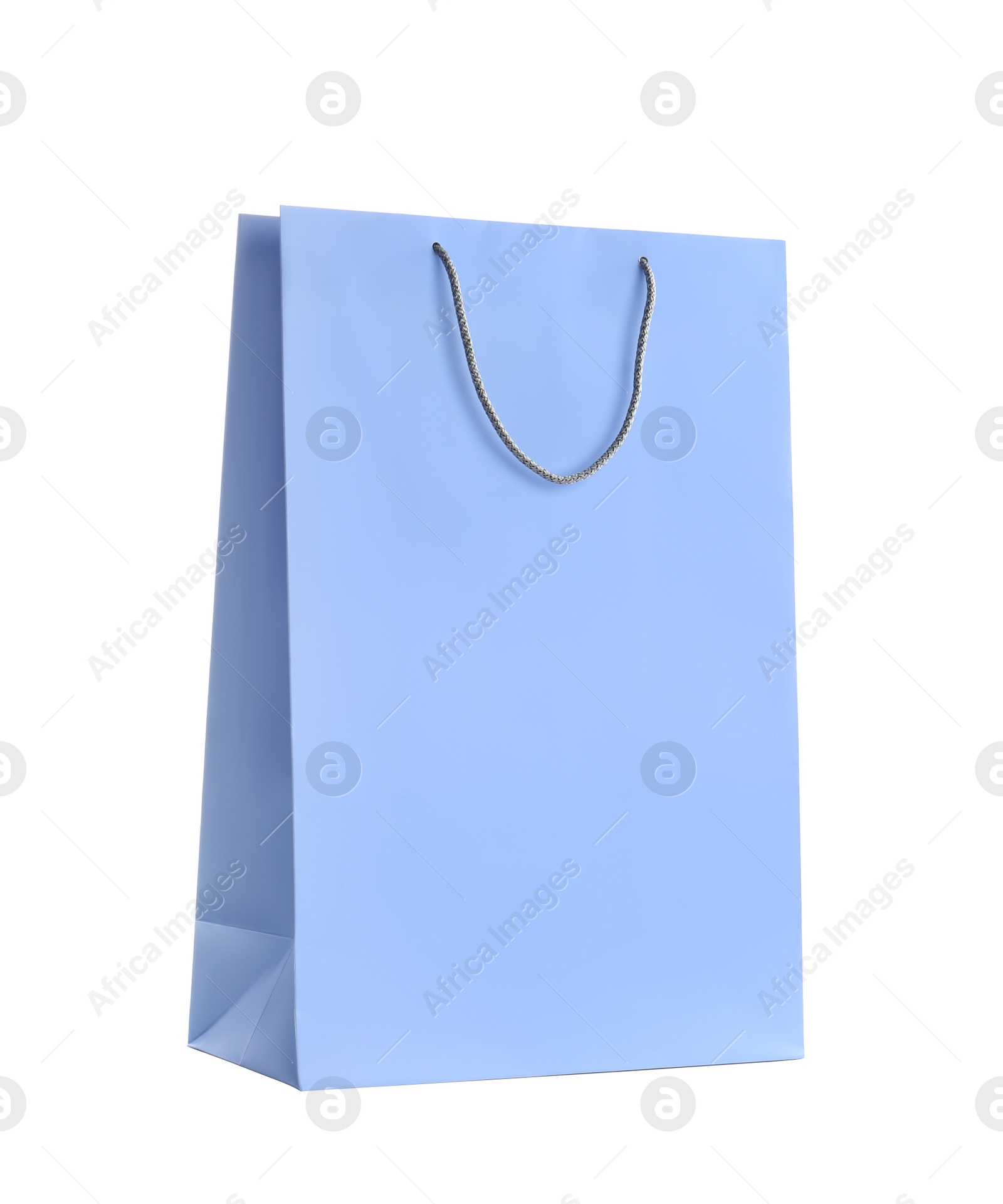 Photo of Light blue paper shopping bag isolated on white