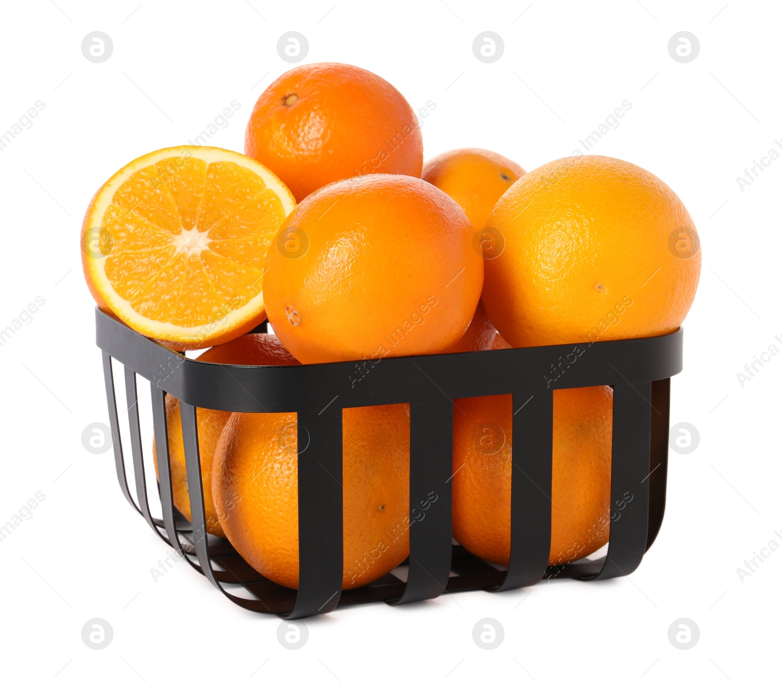 Photo of Fresh oranges in metal basket isolated on white