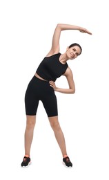 Photo of Happy woman stretching on white background. Morning exercise