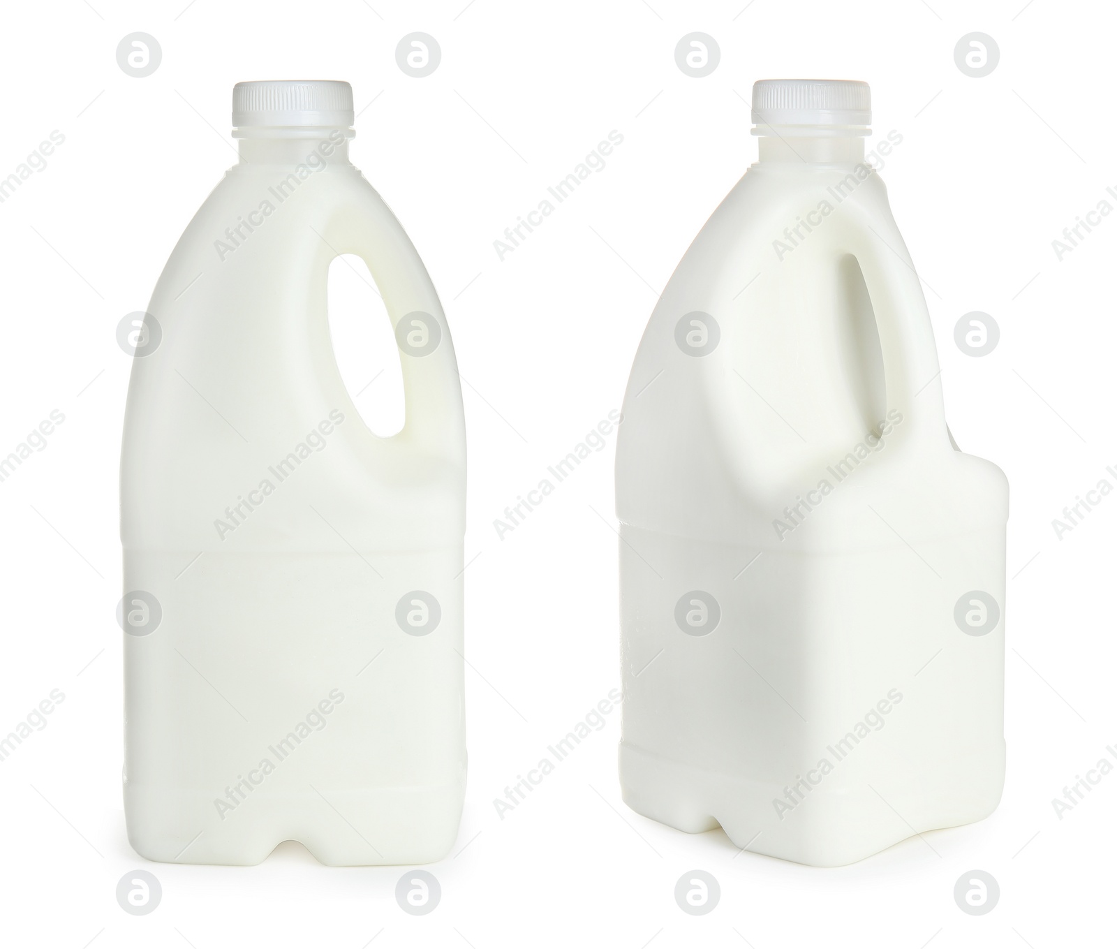 Image of Gallon bottles of milk on white background, collage