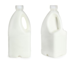 Image of Gallon bottles of milk on white background, collage