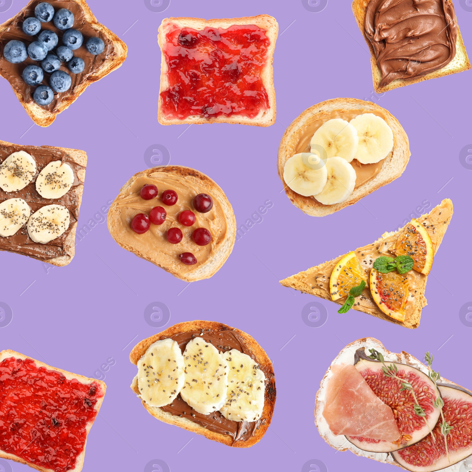 Image of Set of delicious toasted bread with fruits and berries on violet background, top view