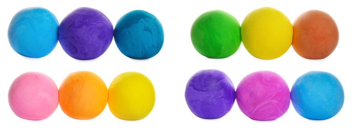 Image of Set with different colorful play dough on white background. Banner design