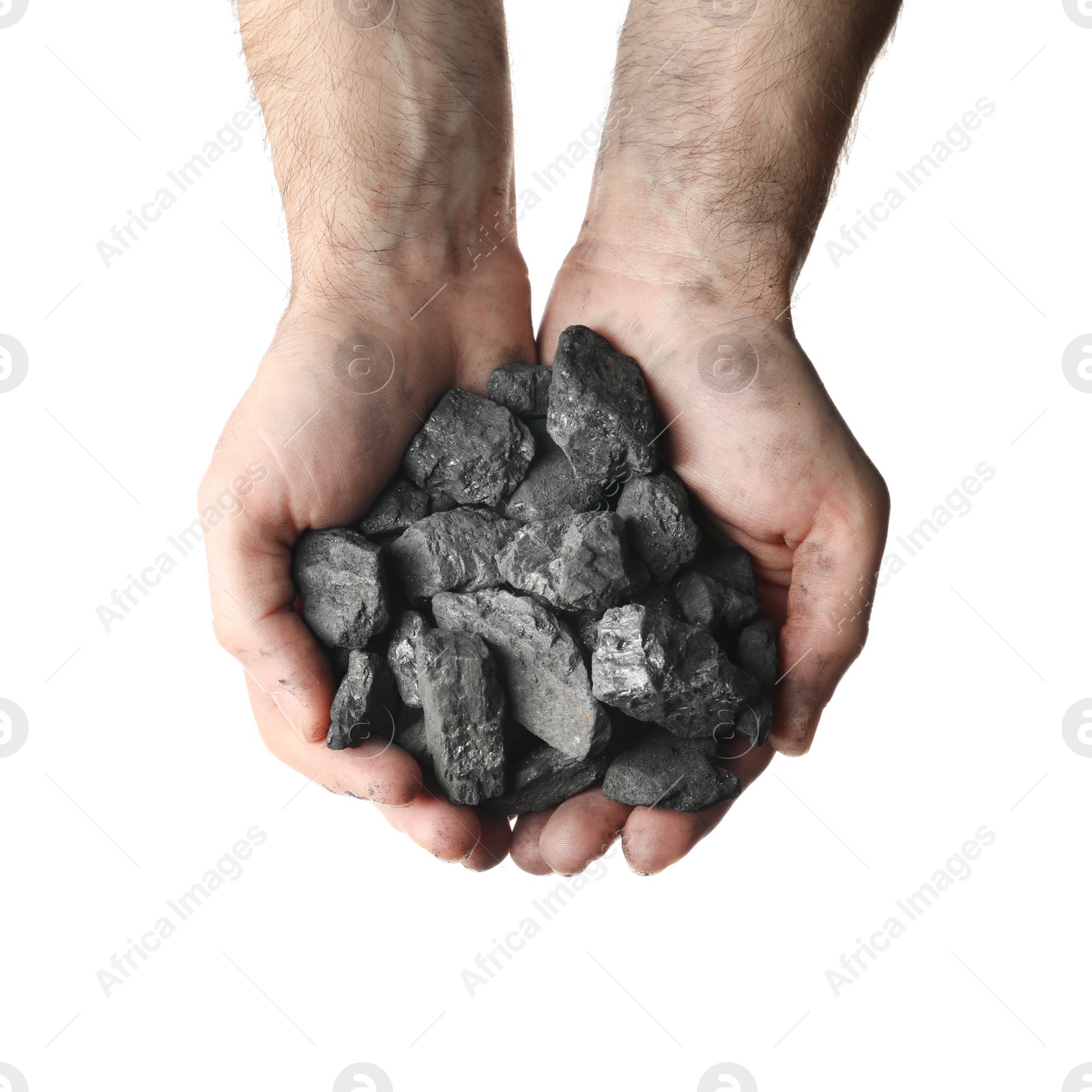 Photo of Man holding coal in hands on white background, top view