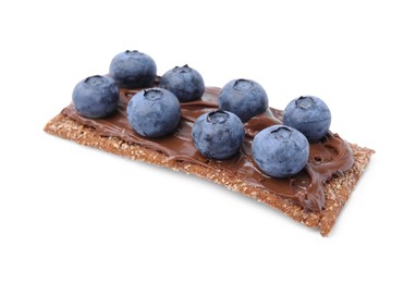 Fresh crunchy rye crispbread with chocolate spread and blueberries isolated on white