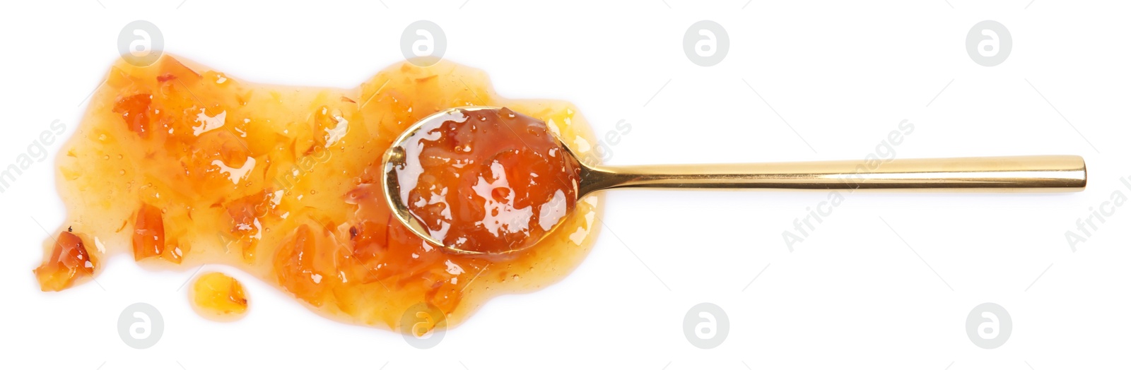 Photo of Spoon with delicious apple jam on white background, top view