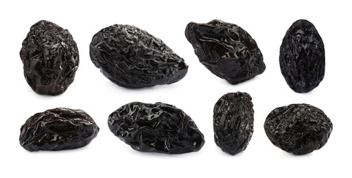 Image of Set with sweet dried prunes on white background. Banner design