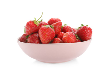 Photo of Ripe strawberries in bowl isolated on white