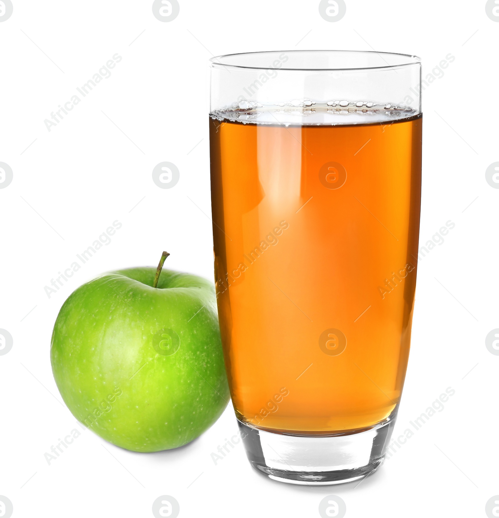 Photo of Glass of apple juice and fresh fruit on white background