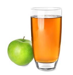 Glass of apple juice and fresh fruit on white background