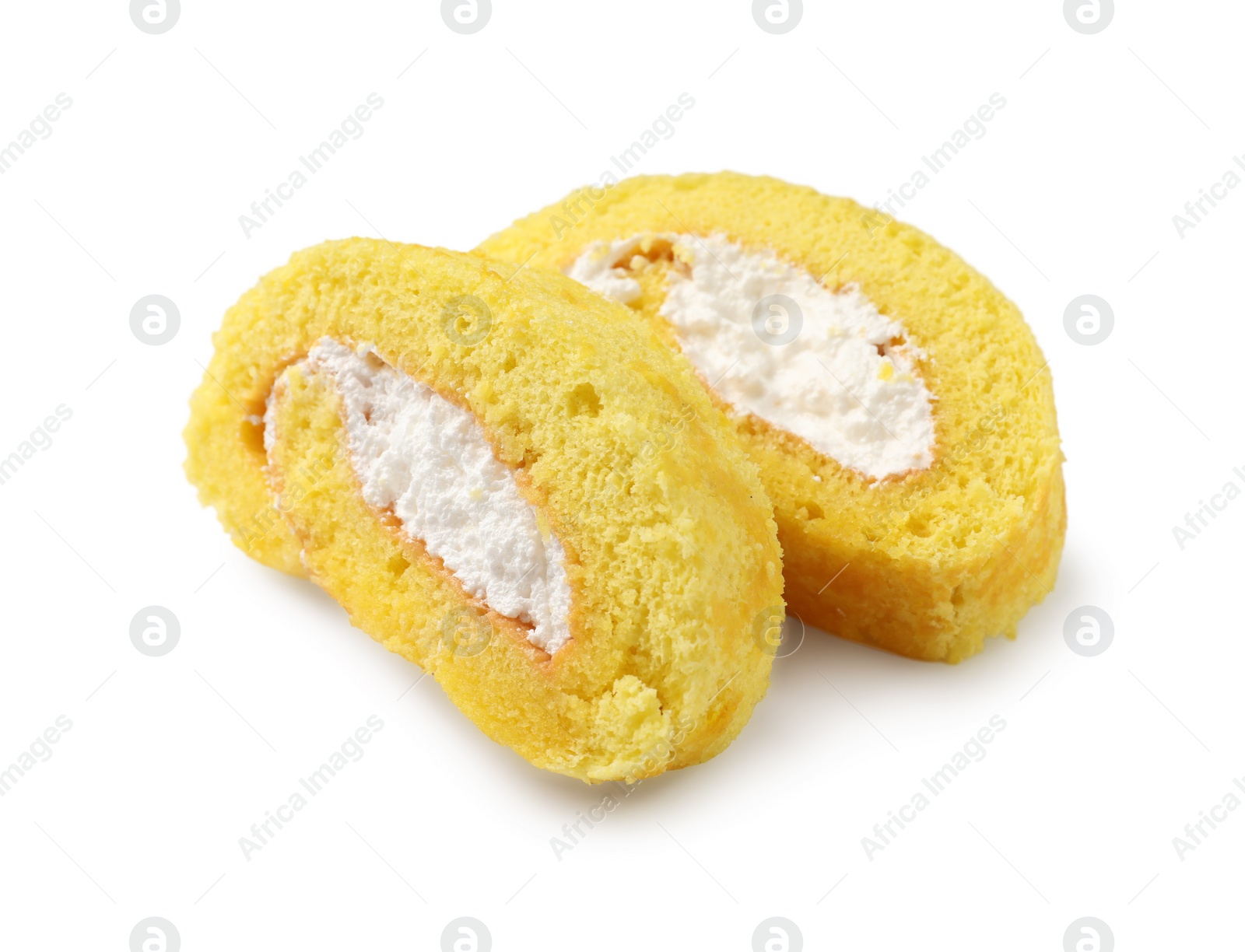 Photo of Delicious cake roll with cream filling isolated on white