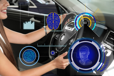 Image of Car safety. Woman testing modern auto, closeup