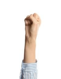 Photo of Young woman showing clenched fist on white background